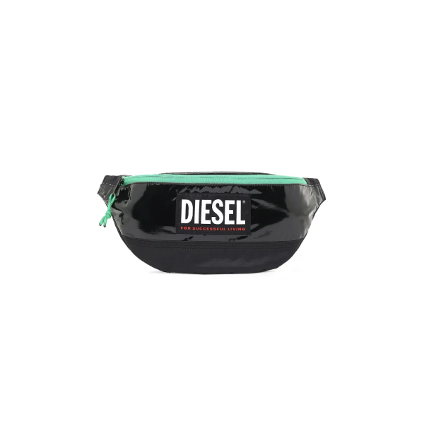 A black and green fanny pack with the word diesel on it.