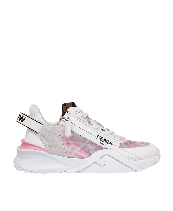 A pair of sneakers with pink and white designs.