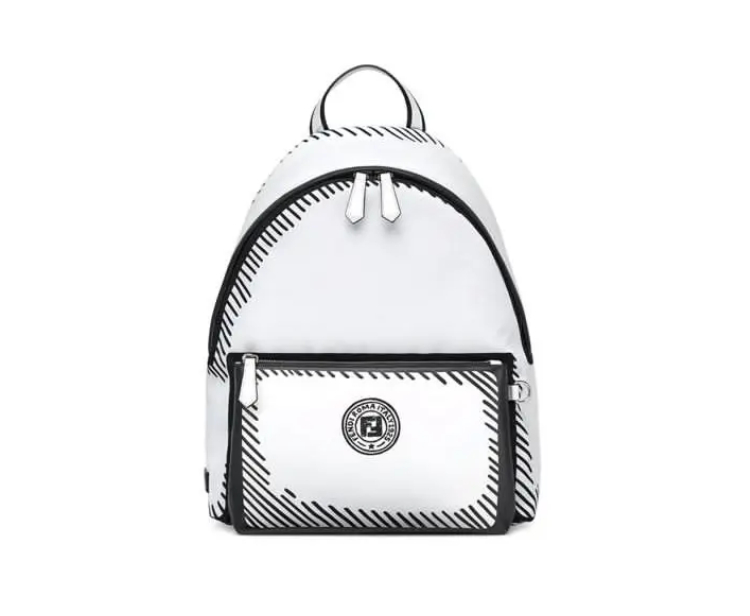 A white backpack with black stripes on it.