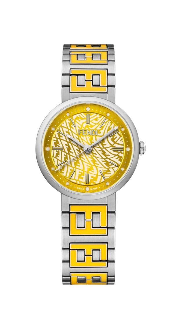 A yellow and silver watch with a geometric design.