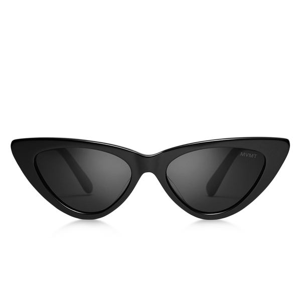 A pair of sunglasses with black frames and dark lenses.