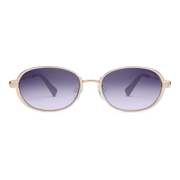 A pair of sunglasses with a gold frame and blue lens.