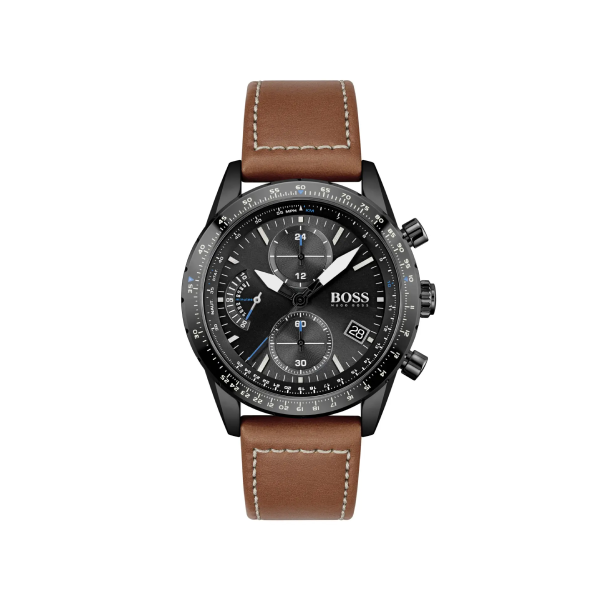 A black and brown watch with a white background