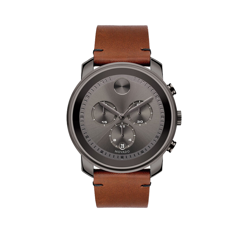 A brown watch with a gray face and leather strap.