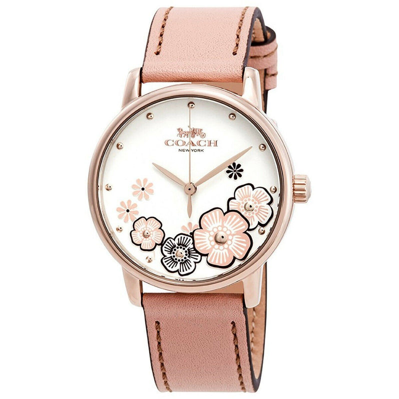 A coach watch with pink leather strap and floral design.