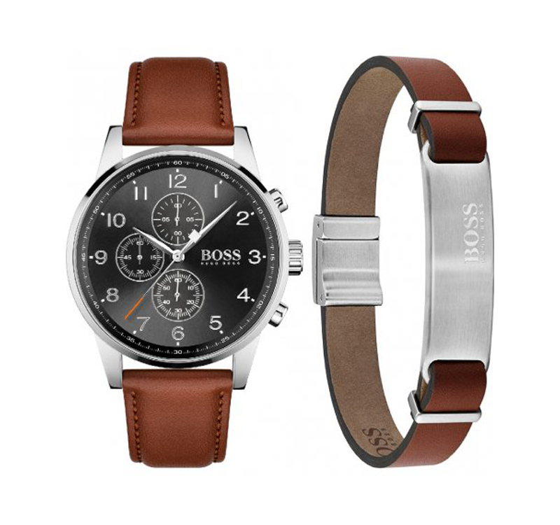 A watch and bracelet set with brown leather strap.