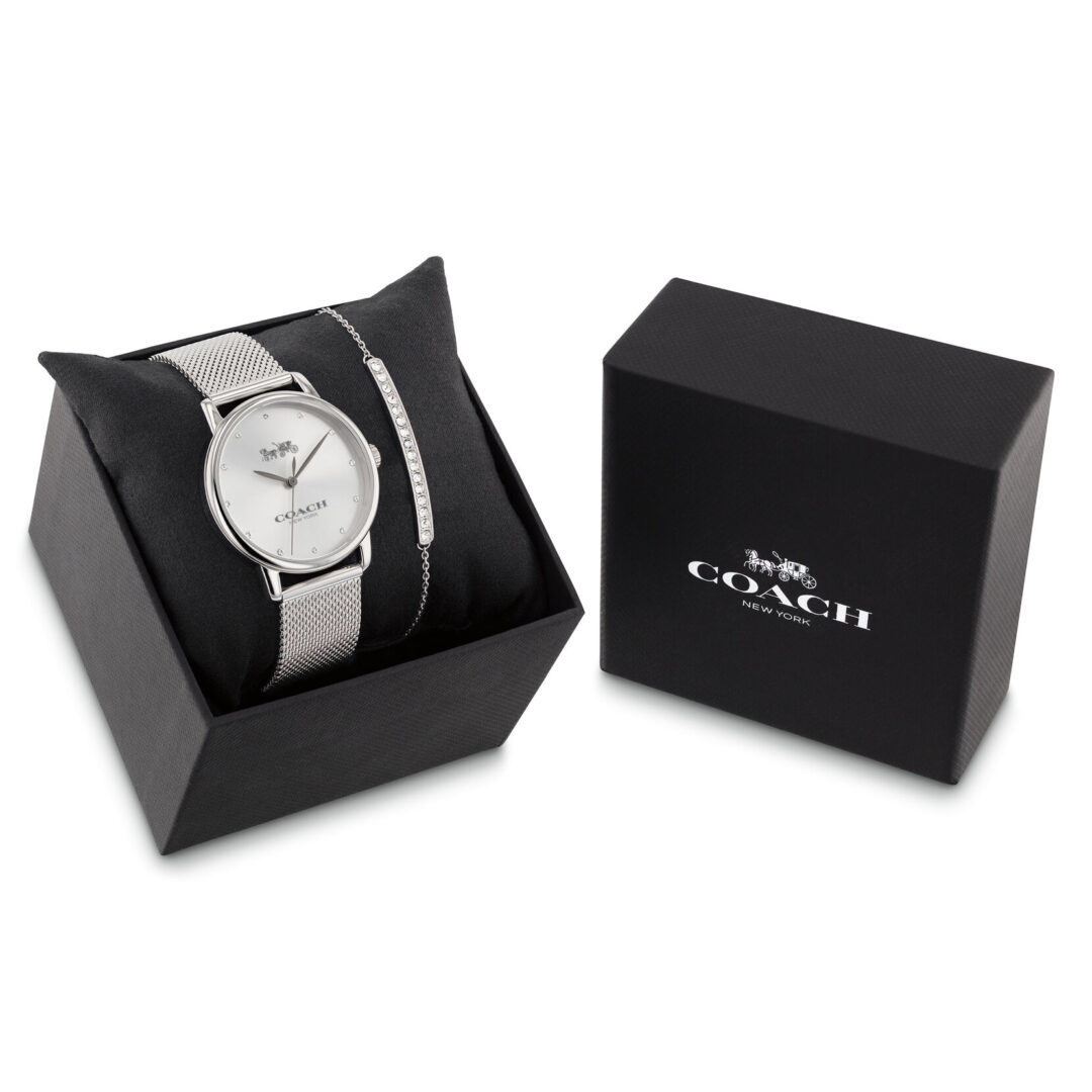 A coach watch and bracelet in its box.