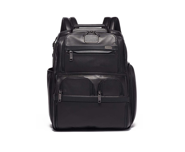 A black backpack is shown with many pockets.