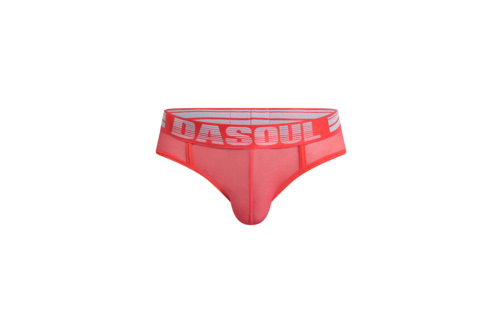 A red and white underwear with the word dasoul on it.