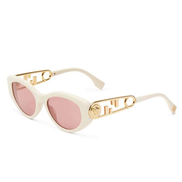 A pair of sunglasses with pink lenses and gold accents.