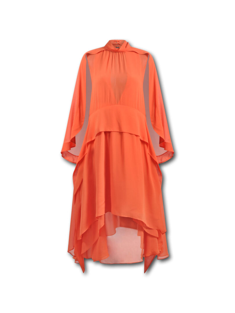 A dress that is orange and has long sleeves.