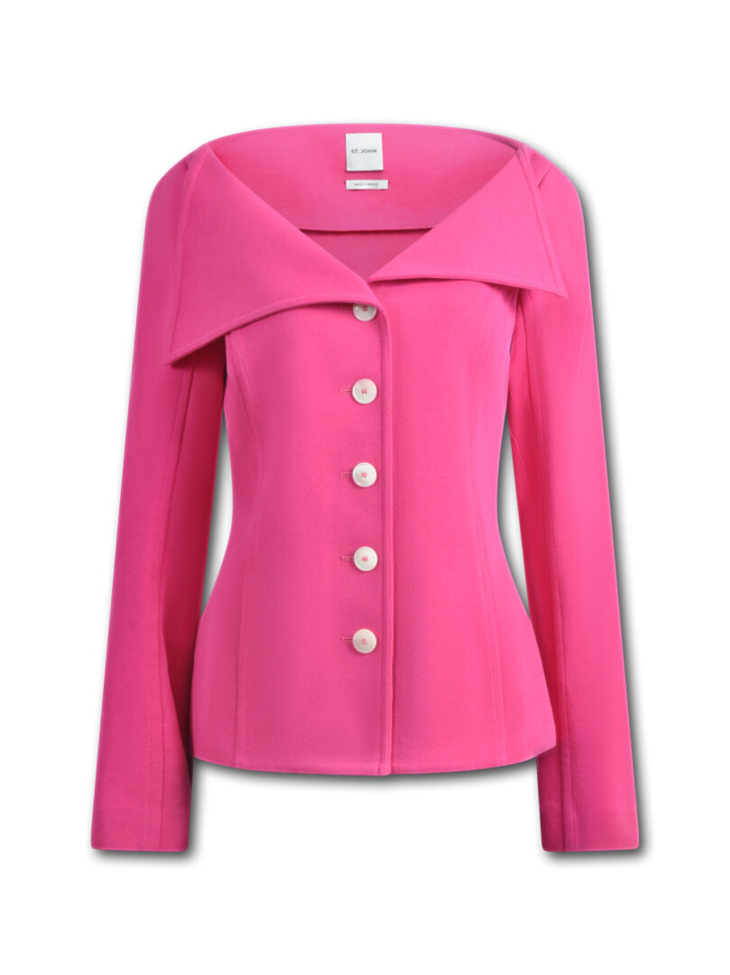 A pink jacket with buttons on the front.