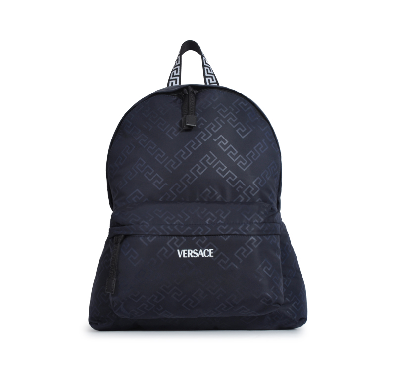 A black backpack with an ornate pattern on it.