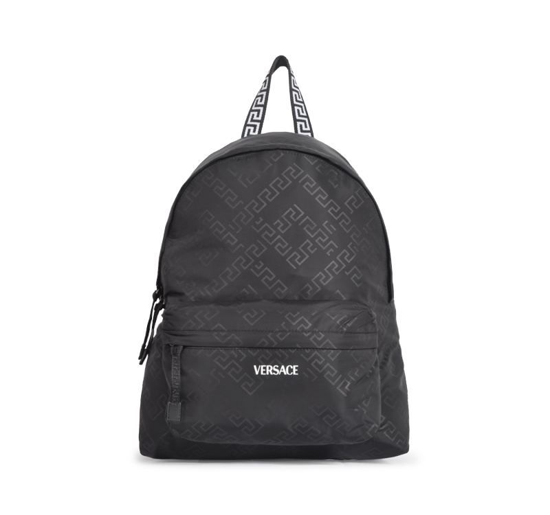 A black backpack with versace on it.