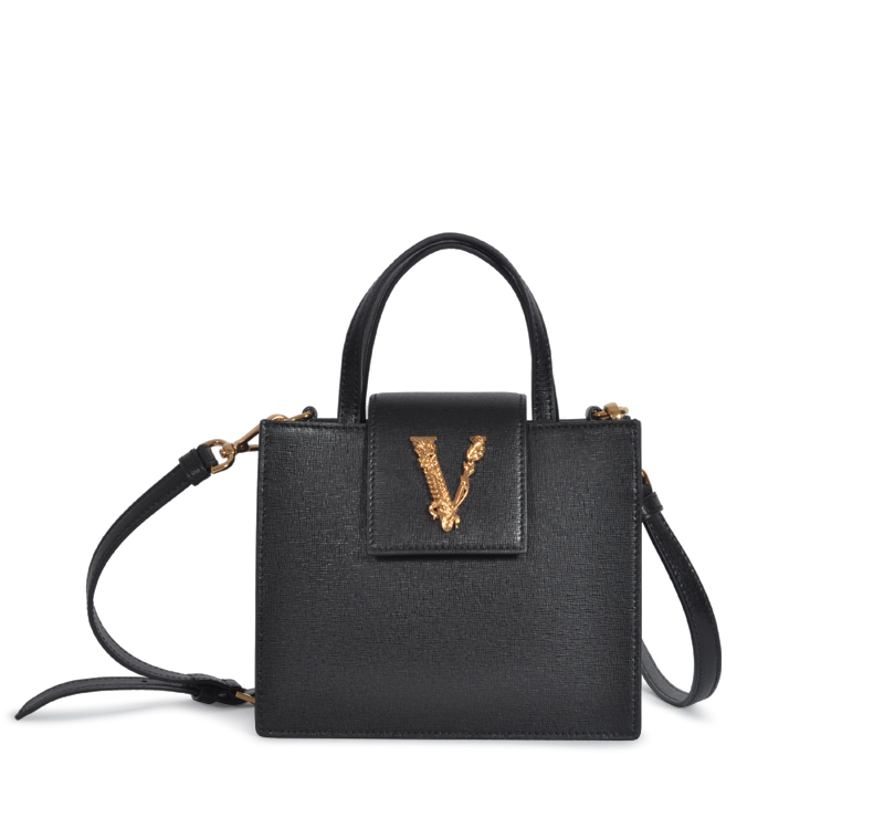 A black purse with a v on the front.