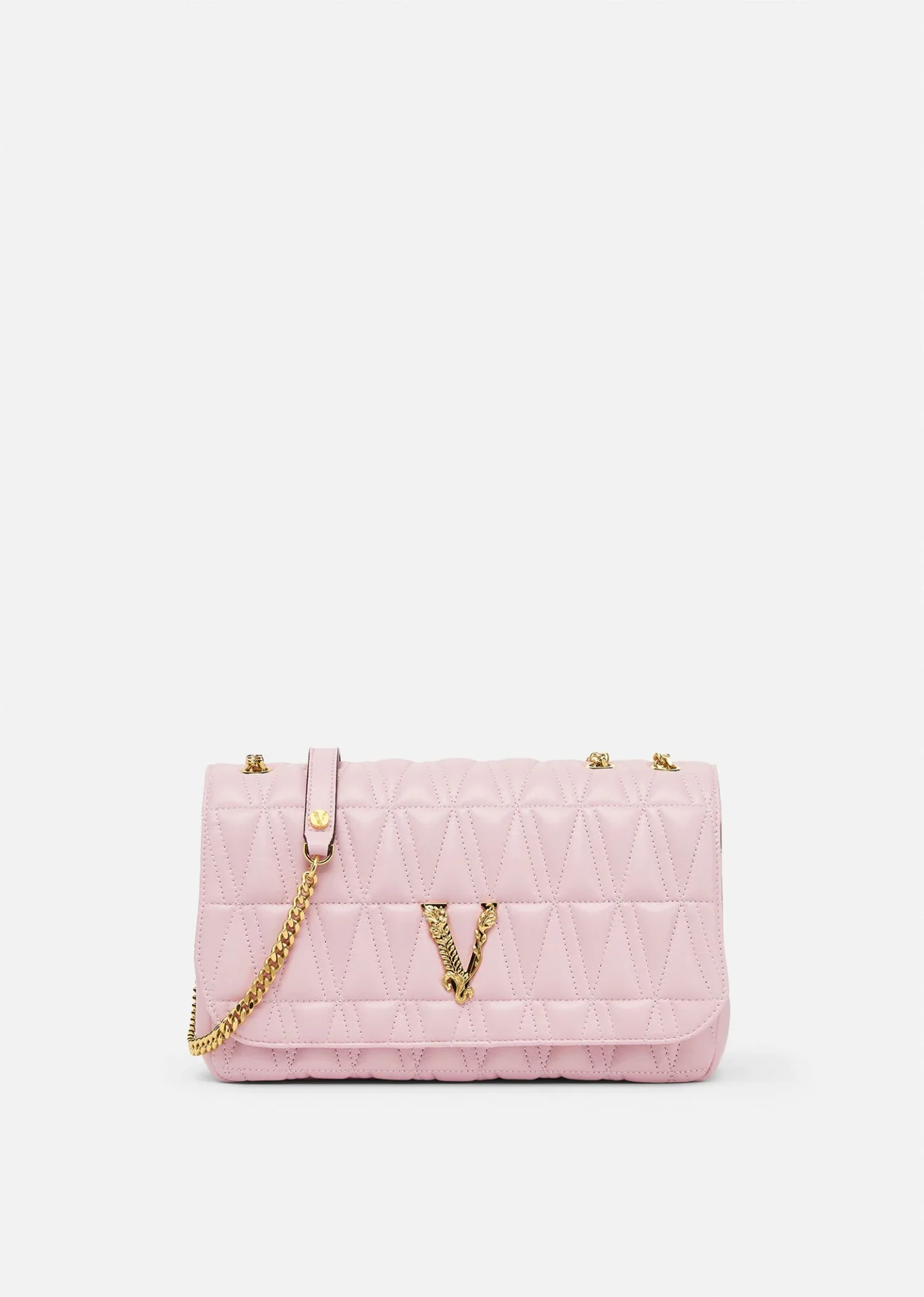 A pink bag with a chain strap and v on the front.