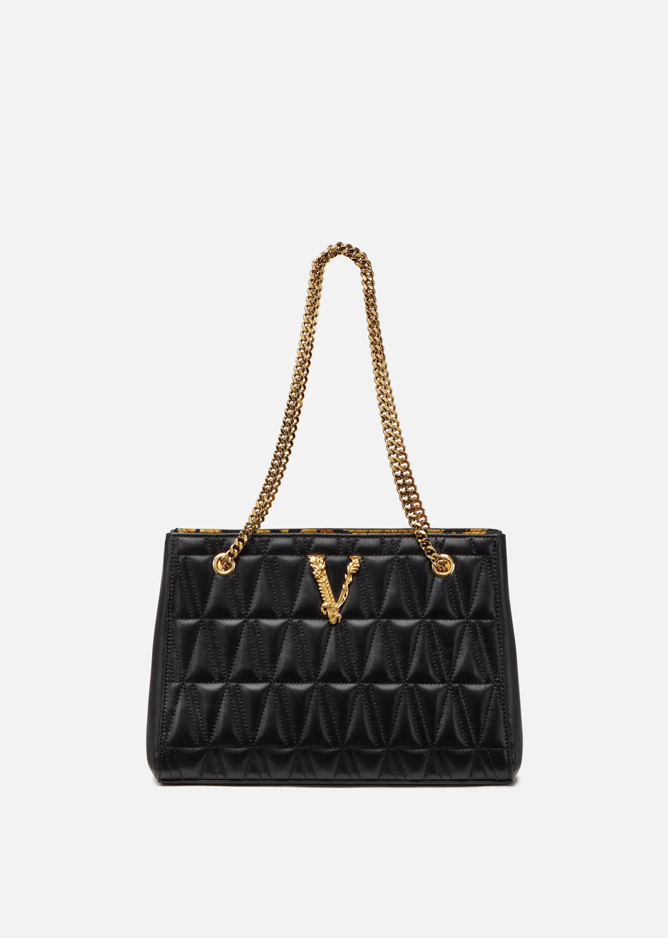 A black bag with gold chain handles and a v on the front.