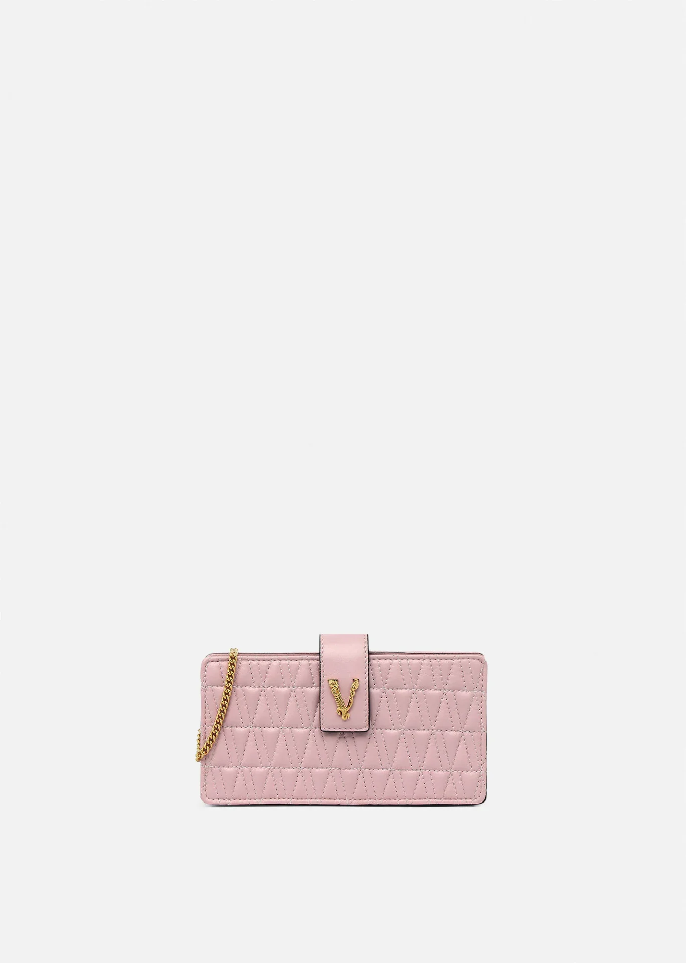 A pink purse with a chain strap.