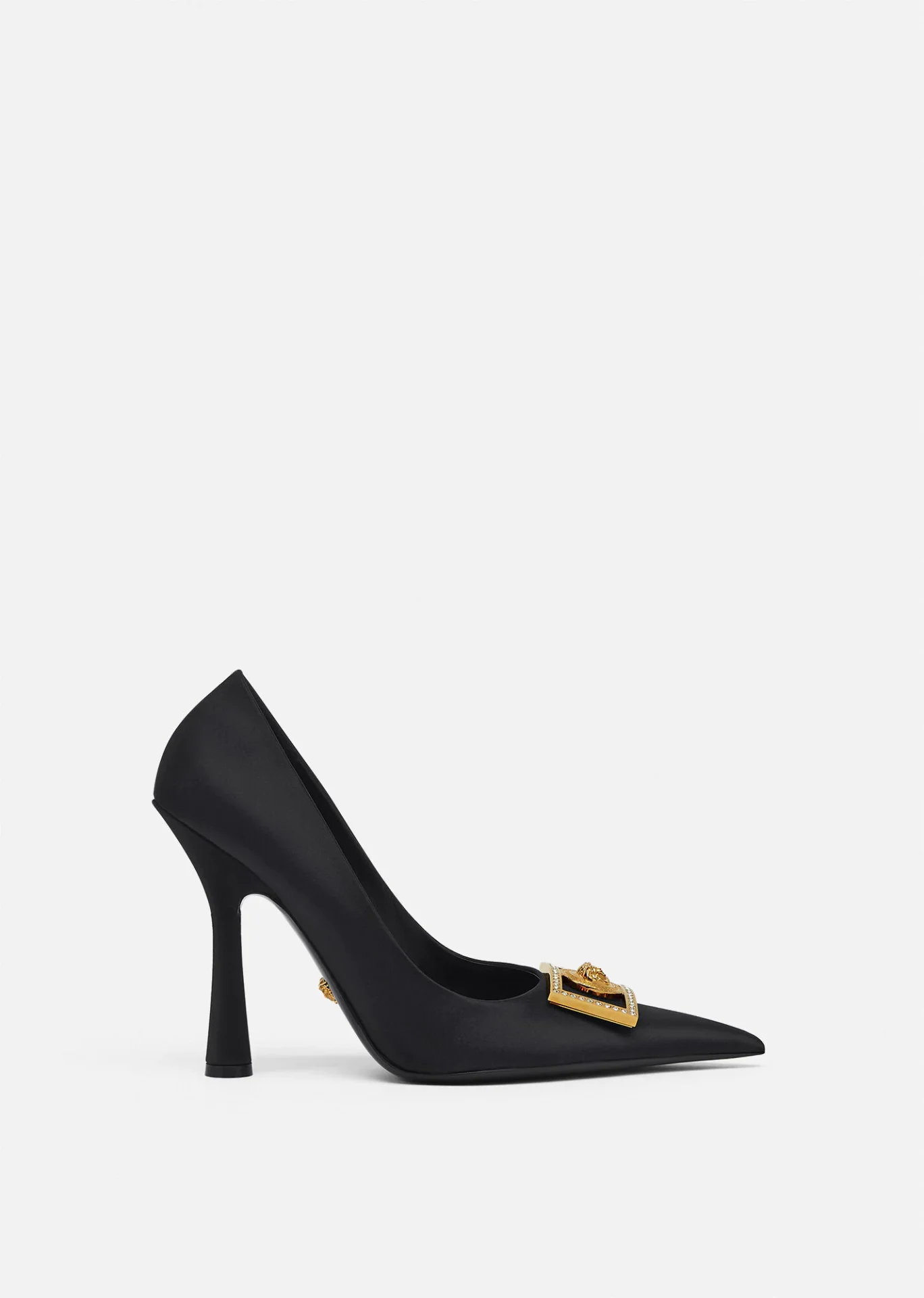 A black satin pump with gold buckle on the side.