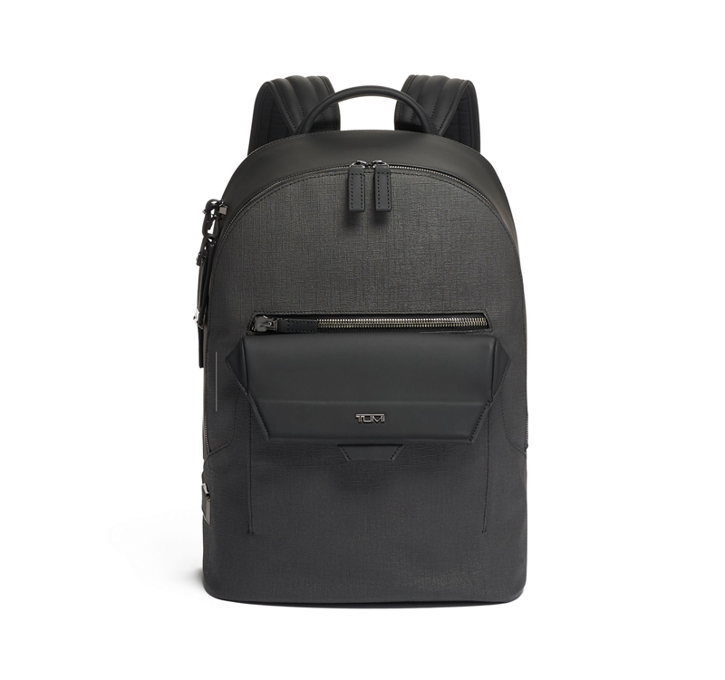 A black backpack is shown with a side pocket.