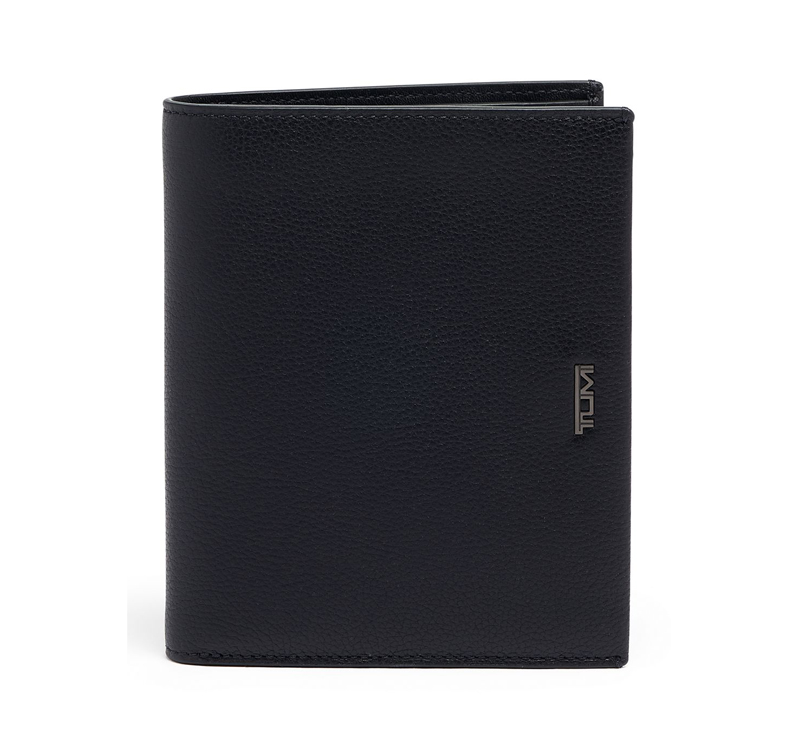 A black leather wallet with the name " leo ".