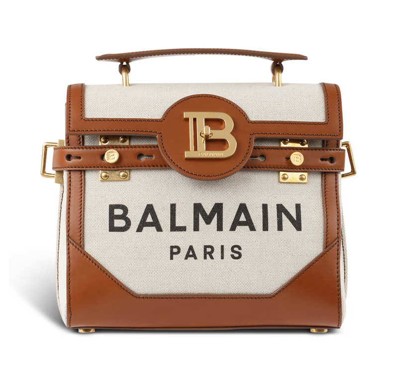A brown and white bag with the letters b on it.