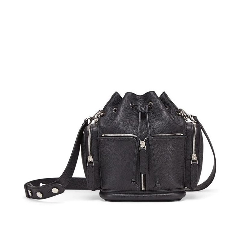 A black purse with silver hardware and a strap.