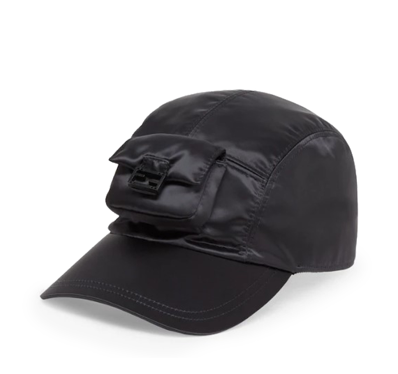 A black hat with a pocket on the side.