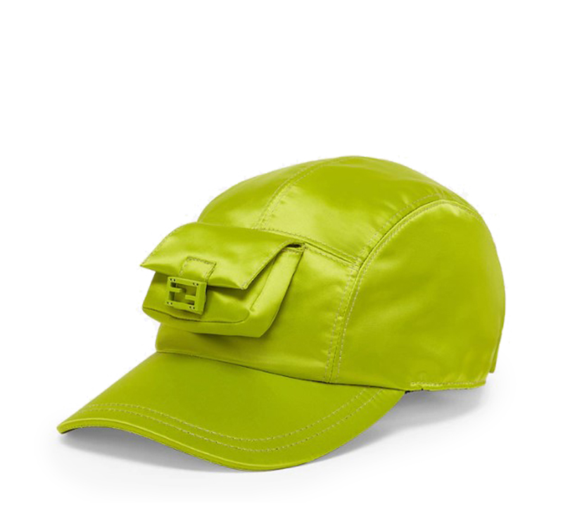 A lime green hat with a pocket on the side.