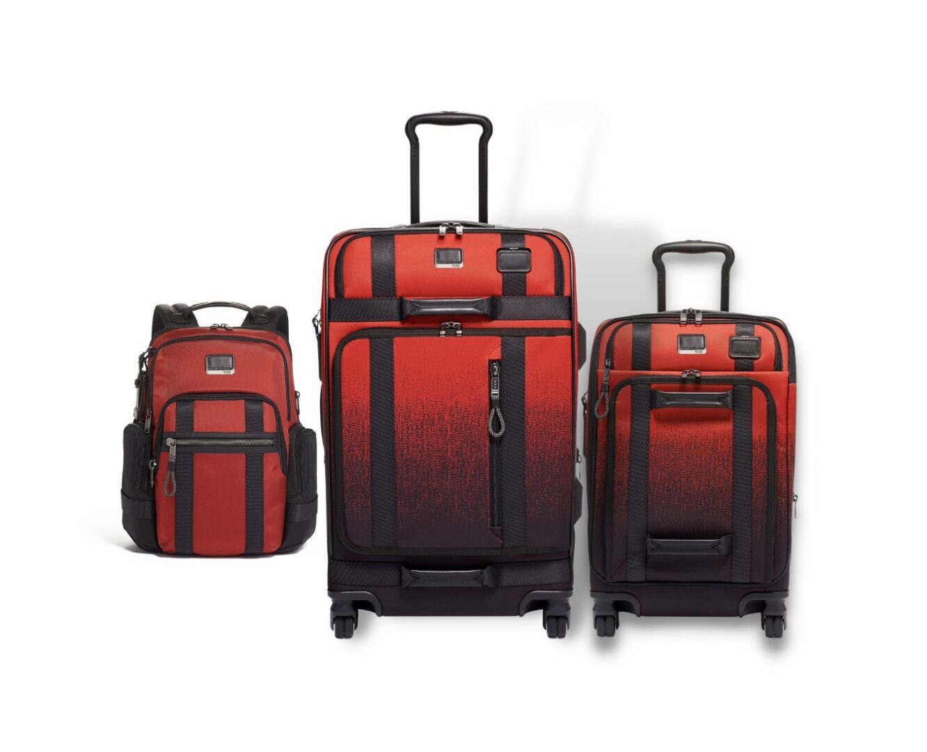 A red and black luggage set is shown.