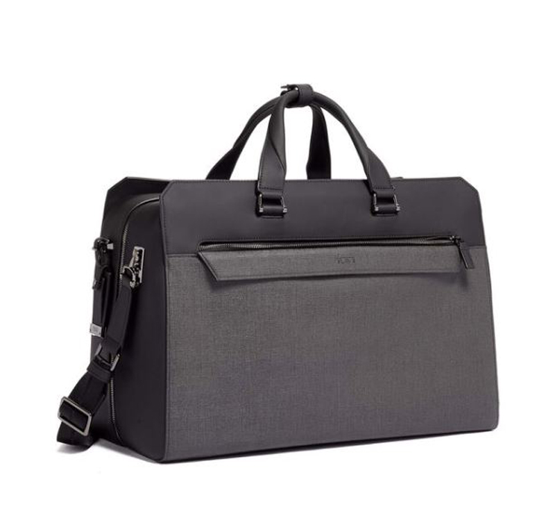 A black and gray duffel bag with strap.