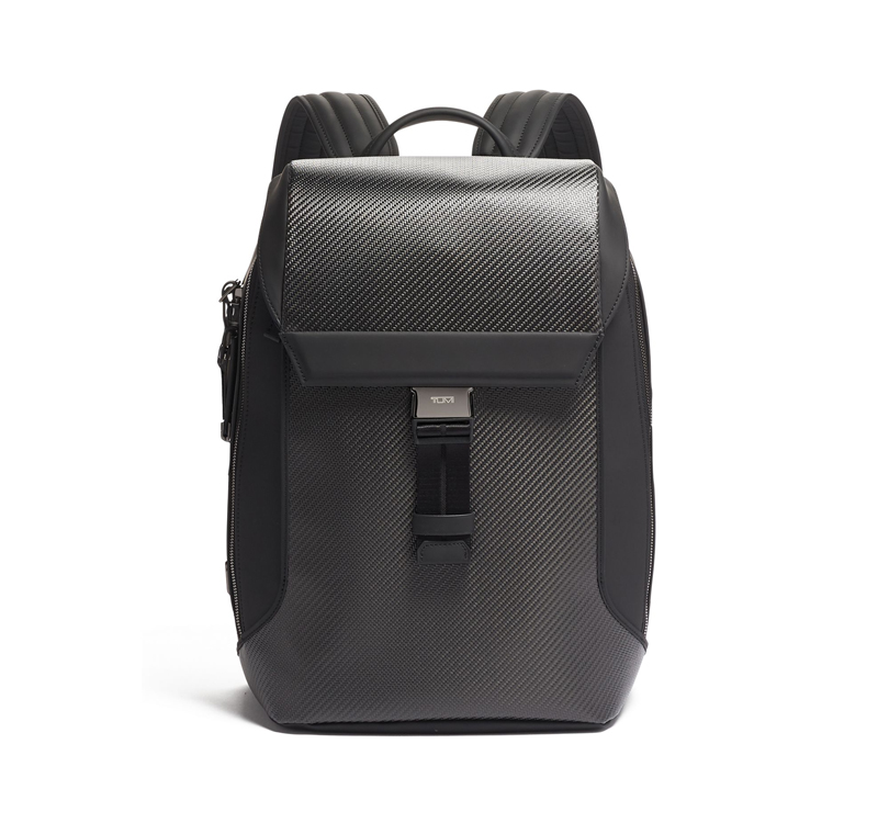 A black backpack is shown on a white background.