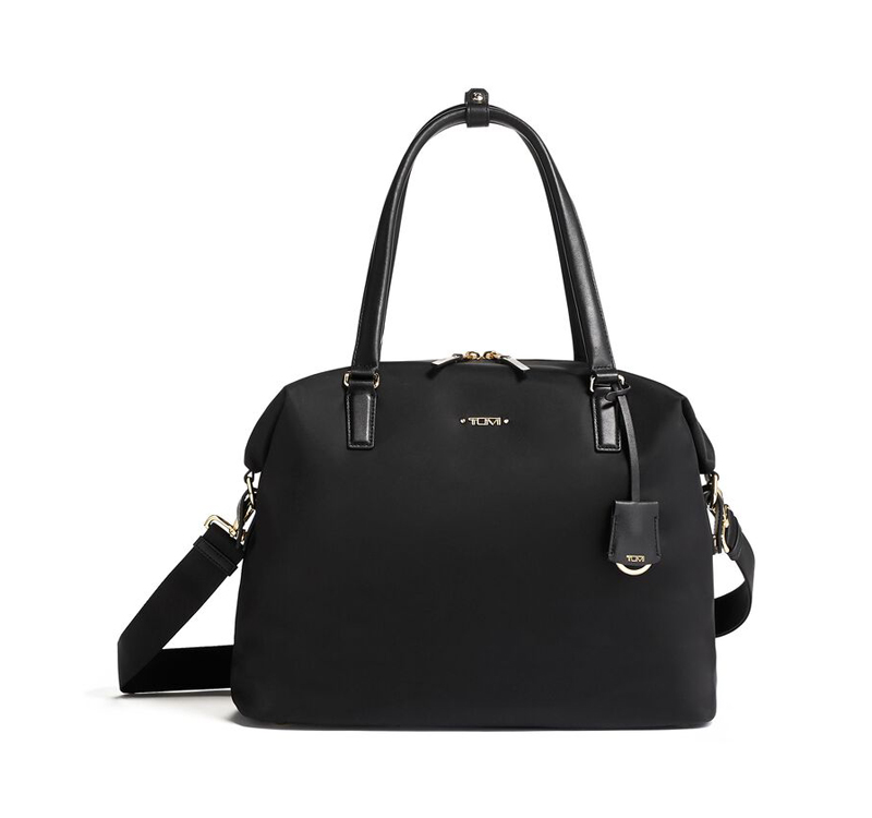 A black purse with a strap on the bottom.