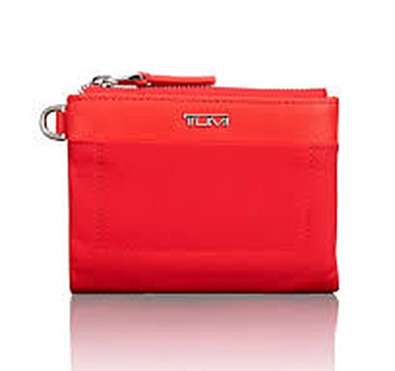 A red wallet is shown with the same color as it.