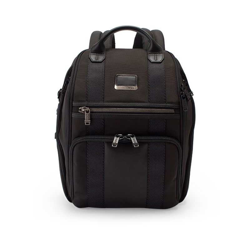 A black backpack is shown on a white background.