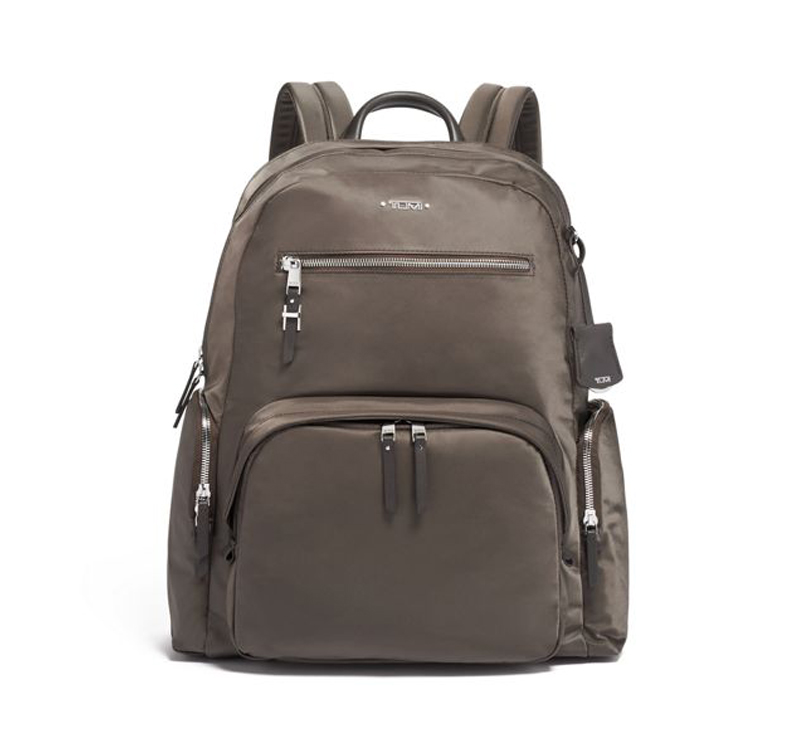 A brown backpack is shown with silver accents.