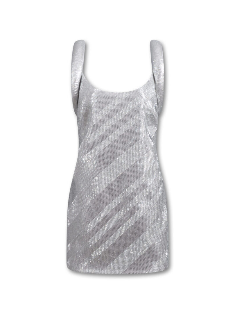 A silver dress with stripes on it.