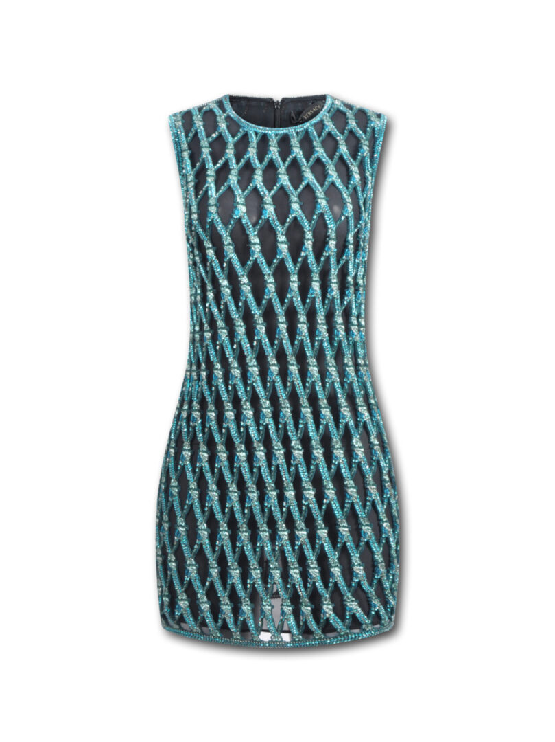 A blue dress with a pattern of many lines.