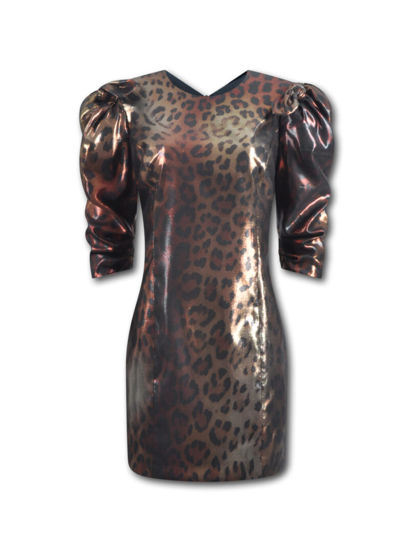 A leopard print dress with puff sleeves.