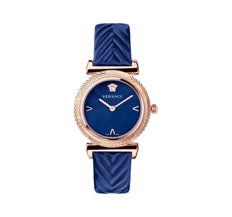 A blue watch with a rose gold face and a blue strap.