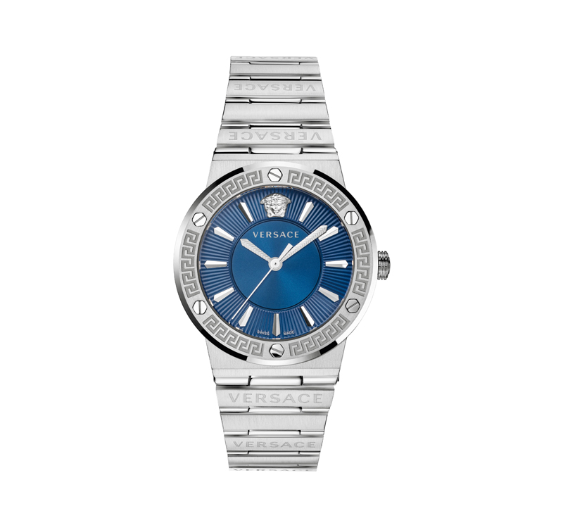 A silver watch with blue face and diamond bezel.