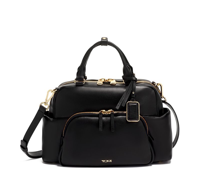 A black purse with multiple compartments and a strap.