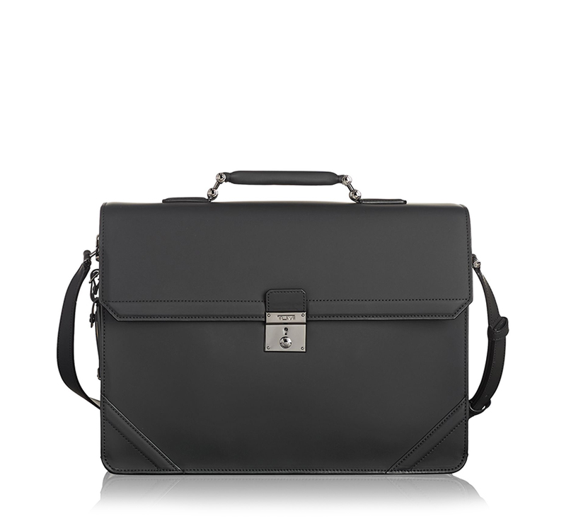 A black briefcase with a silver lock and strap.