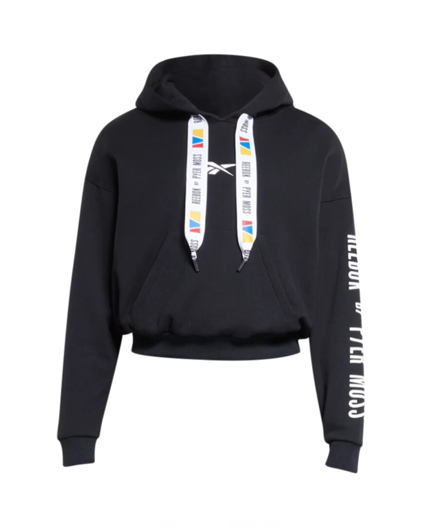 A black hoodie with white and rainbow ribbon on the front.