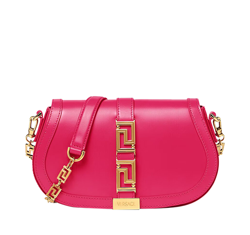 A pink purse with gold chain and a greek key design.