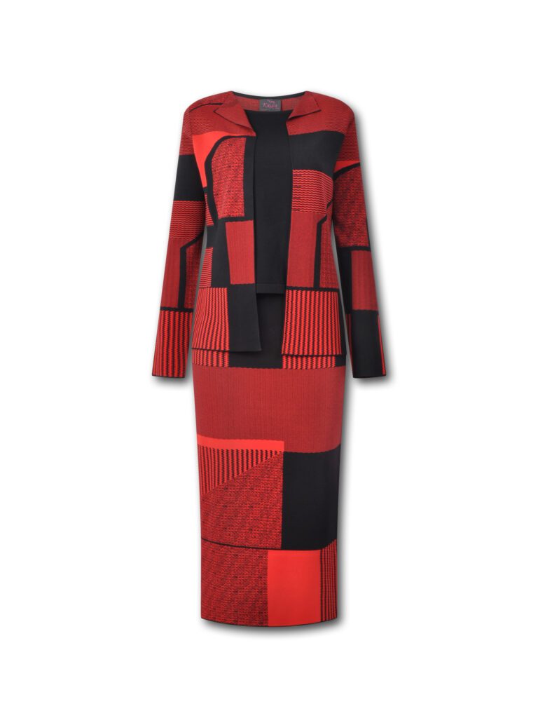 A red and black dress is shown on the ground.